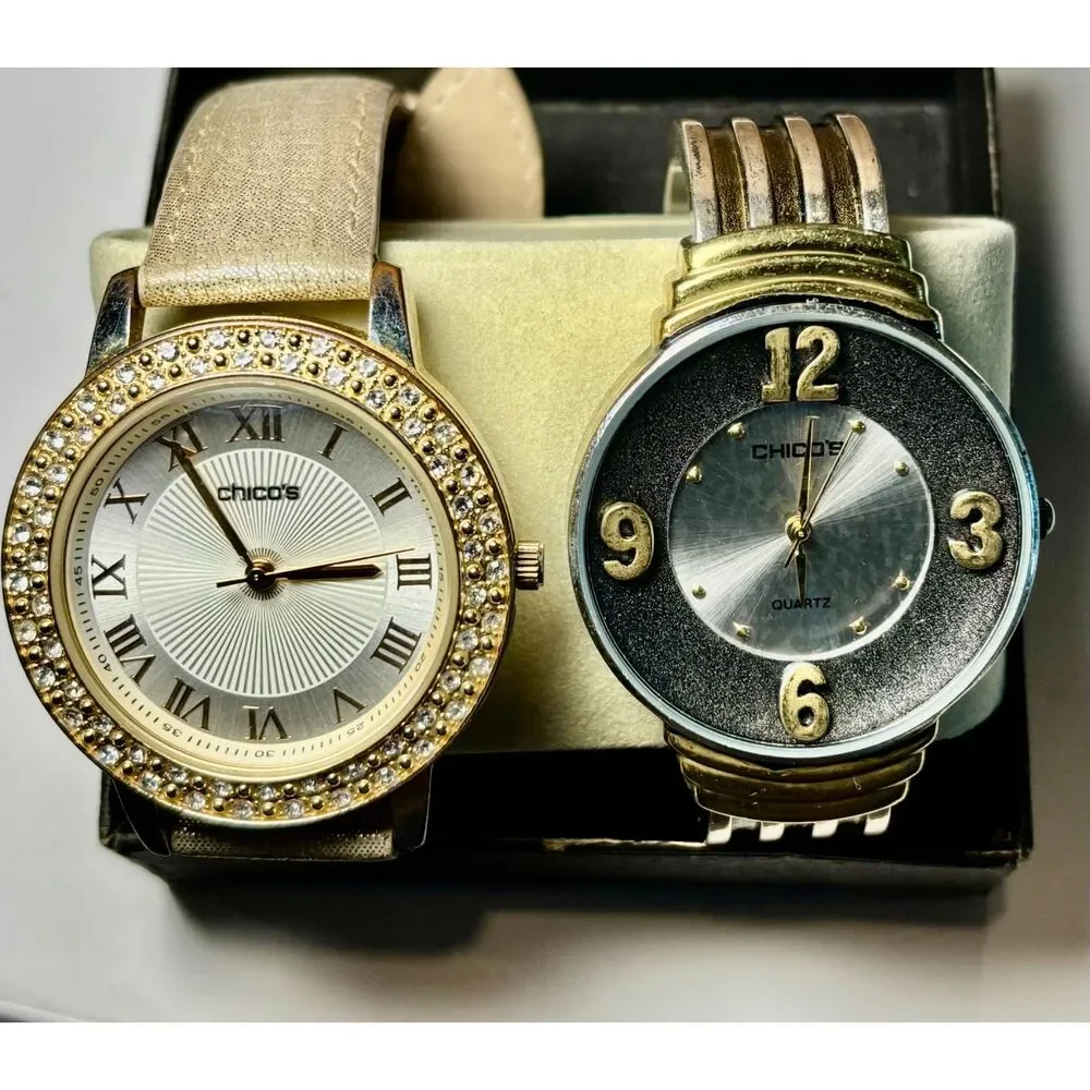 Chico’s Women's Penelope Gold-Tone Rhinestone Watch Bundle – Fresh Battery!